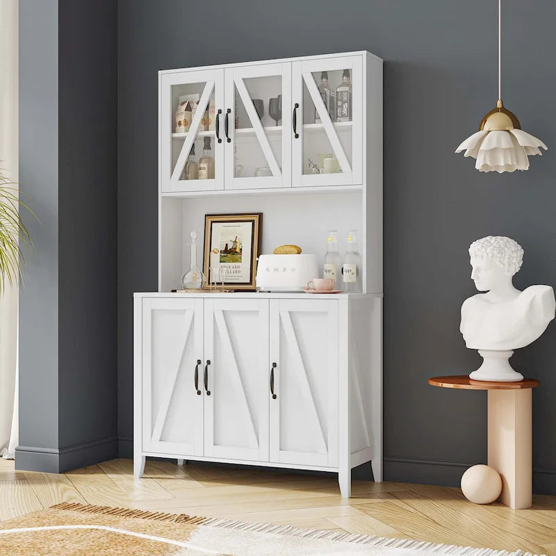 Large Kitchen Pantry Storage Cabinet with Glass Doors,Drawers & Open Shelves