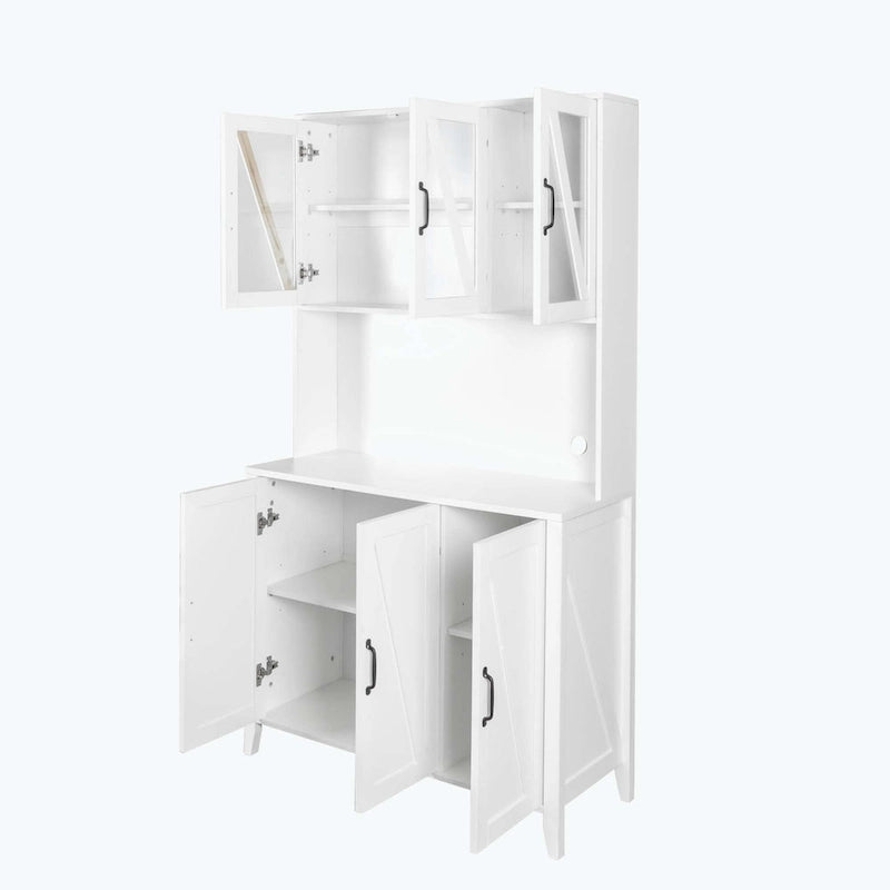 Large Kitchen Pantry Storage Cabinet with Glass Doors,Drawers & Open Shelves