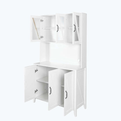 Large Kitchen Pantry Storage Cabinet with Glass Doors,Drawers & Open Shelves
