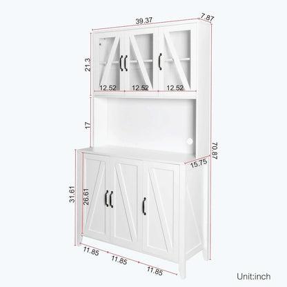 Large Kitchen Pantry Storage Cabinet with Glass Doors,Drawers & Open Shelves