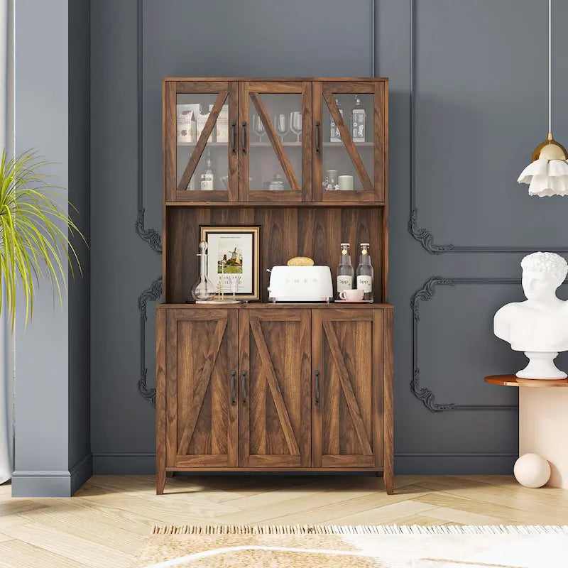 Large Kitchen Pantry Storage Cabinet with Glass Doors,Drawers & Open Shelves