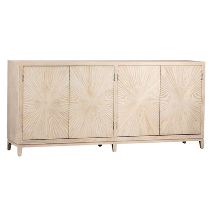 Isabelle 79-inch Pine Light Wash 4-Door Sideboard with Hand Carved Burst Pattern Door Fronts
