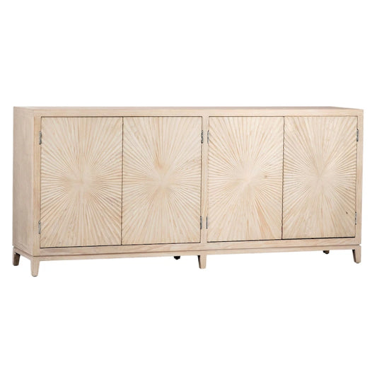 Isabelle 79-inch Pine Light Wash 4-Door Sideboard with Hand Carved Burst Pattern Door Fronts