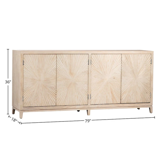 Isabelle 79-inch Pine Light Wash 4-Door Sideboard with Hand Carved Burst Pattern Door Fronts