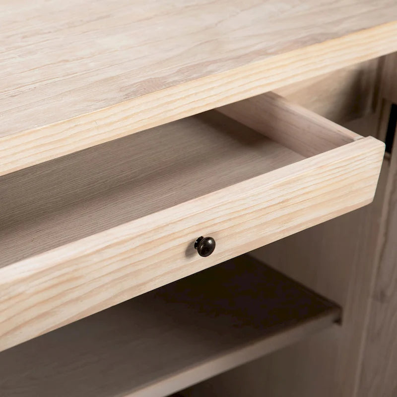 Isabelle 79-inch Pine Light Wash 4-Door Sideboard with Hand Carved Burst Pattern Door Fronts