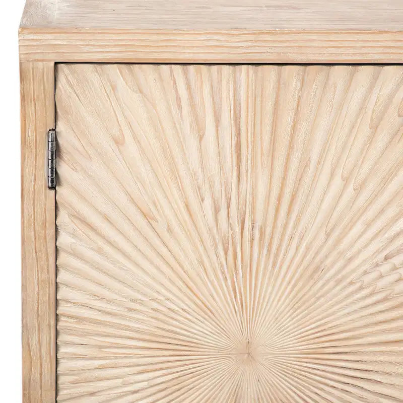 Isabelle 79-inch Pine Light Wash 4-Door Sideboard with Hand Carved Burst Pattern Door Fronts