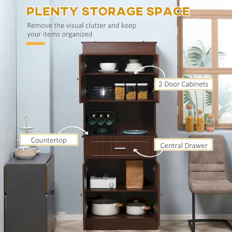 HOMCOM 72 Kitchen Buffet with Hutch, Freestanding Pantry Cupboard with Utility Drawer, 2 Door Cabinets and Countertop, Brown