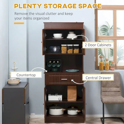 HOMCOM 72 Kitchen Buffet with Hutch, Freestanding Pantry Cupboard with Utility Drawer, 2 Door Cabinets and Countertop, Brown
