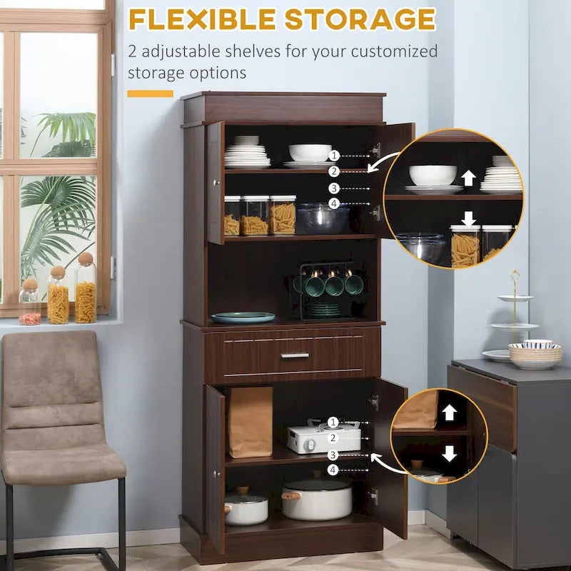 HOMCOM 72 Kitchen Buffet with Hutch, Freestanding Pantry Cupboard with Utility Drawer, 2 Door Cabinets and Countertop, Brown