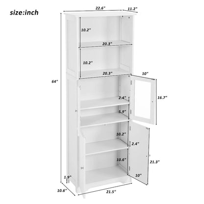 White Tall Bathroom Storage Cabinet with Shelves and Doors for Kitchen and Living Room - 23W x64H