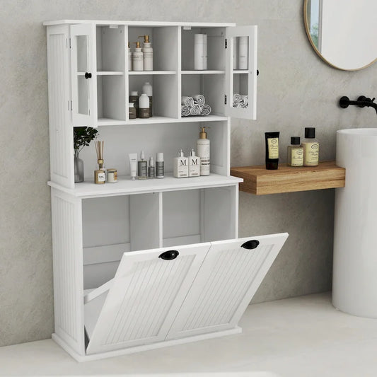 Two-Compartment Tilt-Out Dirty Laundry Basket Tall Bathroom Cabinet