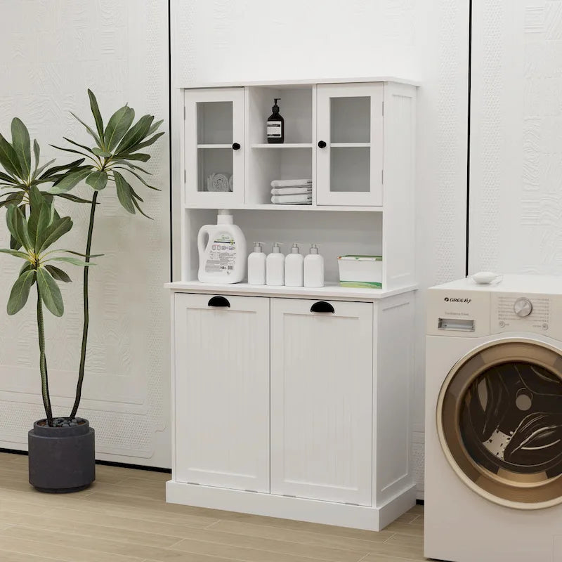 Two-Compartment Tilt-Out Dirty Laundry Basket Tall Bathroom Cabinet