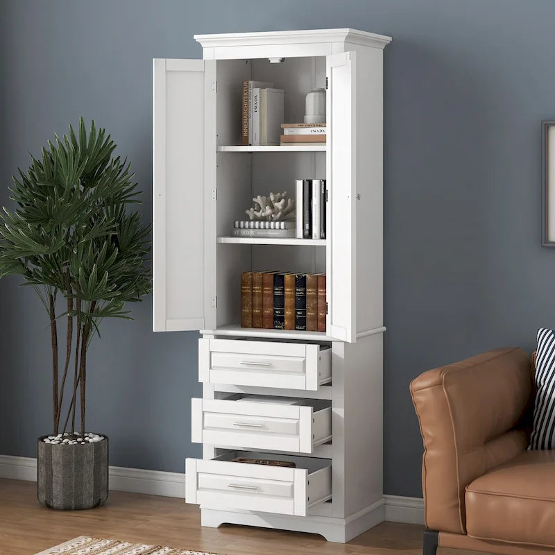 White Tall Storage Cabinet with Three Drawers
