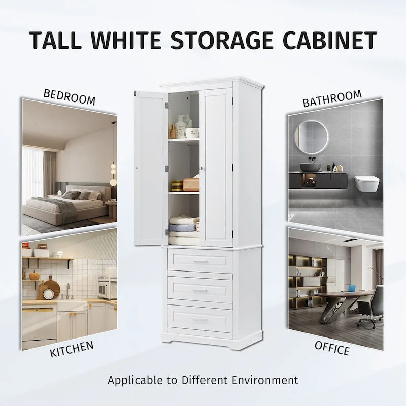 White Tall Storage Cabinet with Three Drawers