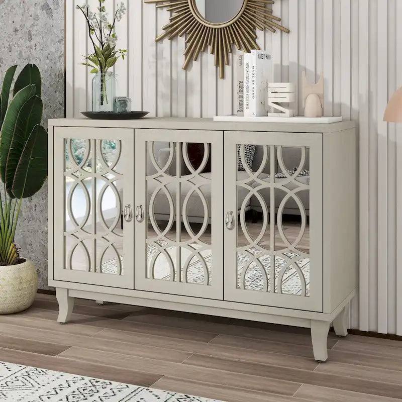 Sideboard with Glass Doors, 3 Door Mirrored Buffet Cabinet with Silver Handle - N/A