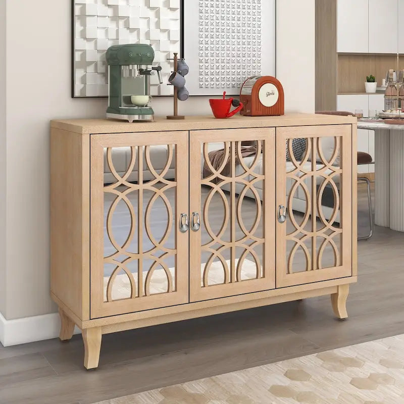 Sideboard with Glass Doors, 3 Door Mirrored Buffet Cabinet with Silver Handle - N/A