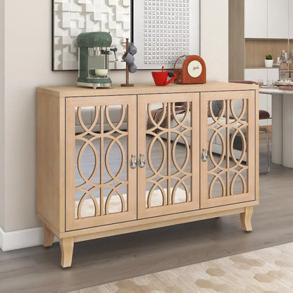 Sideboard with Glass Doors, 3 Door Mirrored Buffet Cabinet with Silver Handle - N/A