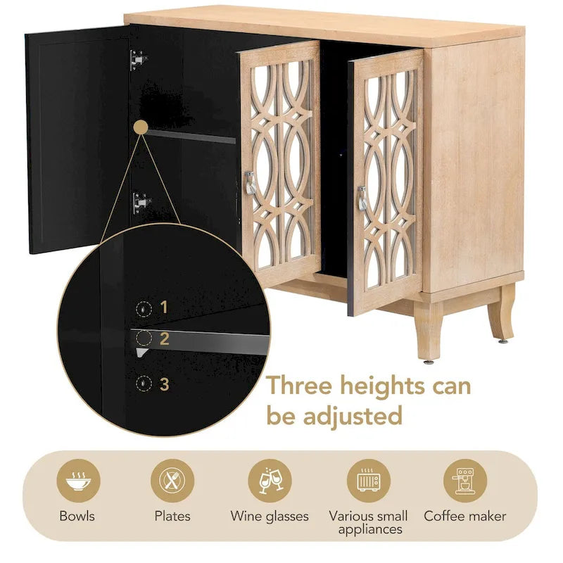 Sideboard with Glass Doors, 3 Door Mirrored Buffet Cabinet with Silver Handle - N/A