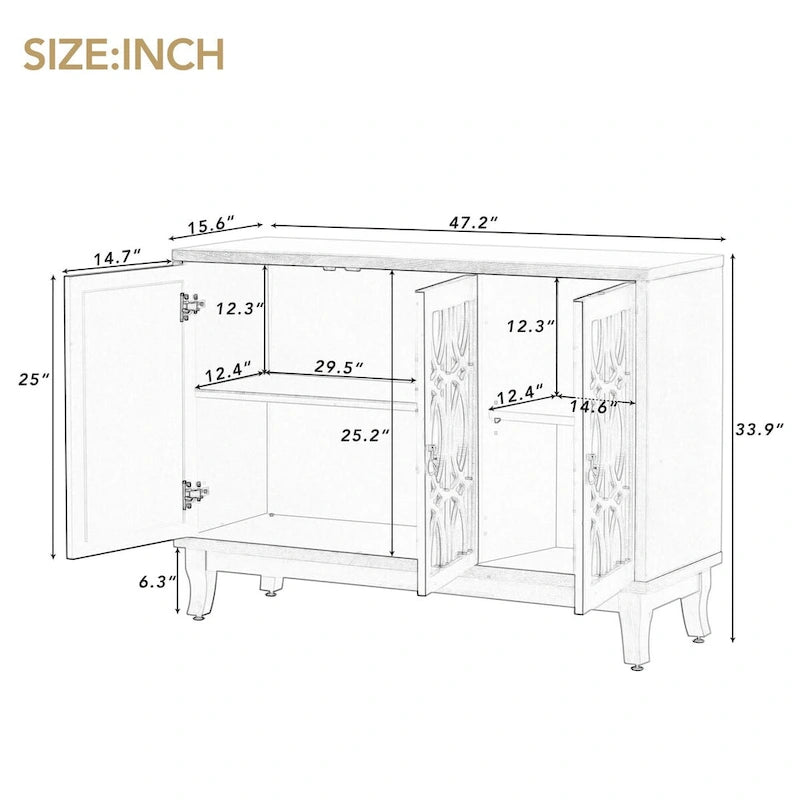 Sideboard with Glass Doors, 3 Door Mirrored Buffet Cabinet with Silver Handle - N/A