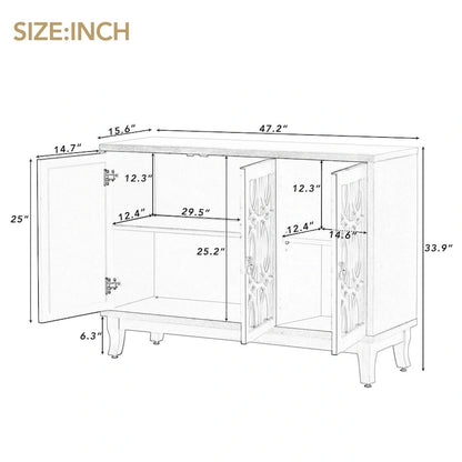 Sideboard with Glass Doors, 3 Door Mirrored Buffet Cabinet with Silver Handle - N/A