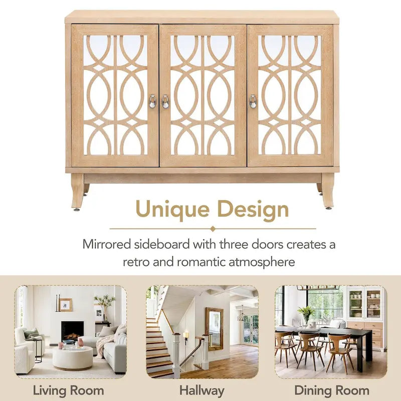 Sideboard with Glass Doors, 3 Door Mirrored Buffet Cabinet with Silver Handle - N/A