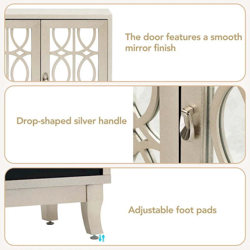 Sideboard with Glass Doors, 3 Door Mirrored Buffet Cabinet with Silver Handle - N/A