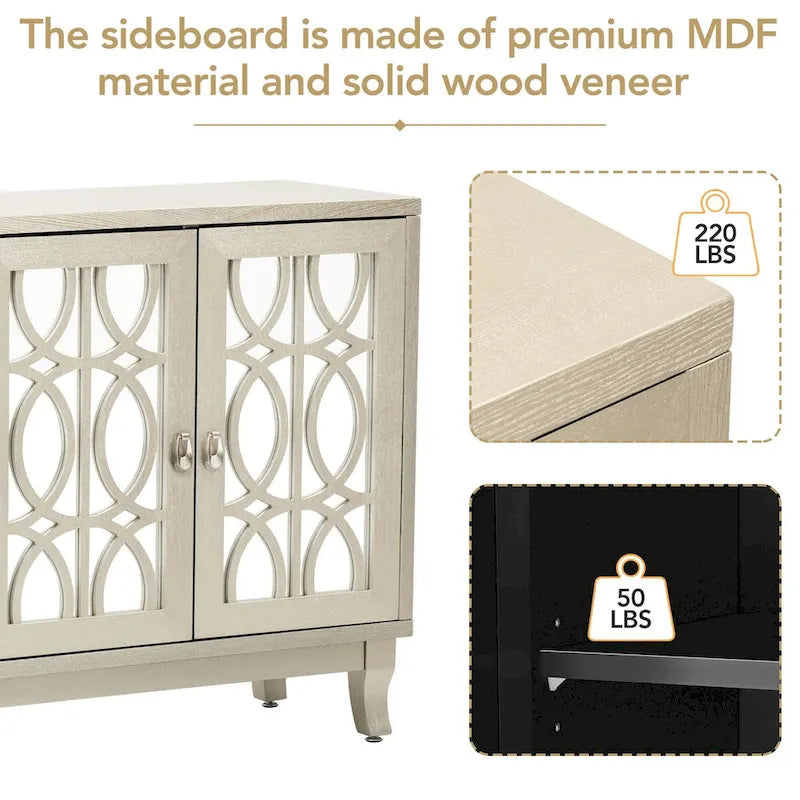 Sideboard with Glass Doors, 3 Door Mirrored Buffet Cabinet with Silver Handle - N/A