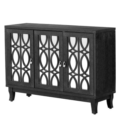 Sideboard with Glass Doors, 3 Door Mirrored Buffet Cabinet with Silver Handle - N/A