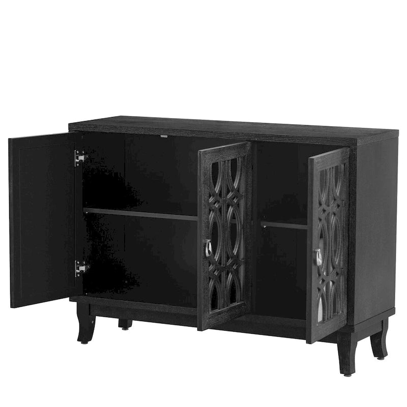 Sideboard with Glass Doors, 3 Door Mirrored Buffet Cabinet with Silver Handle - N/A