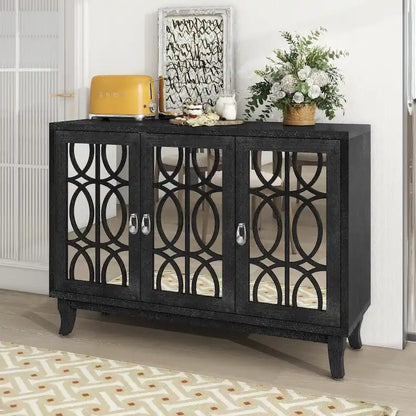 3 Door Mirrored Buffet Cabinet with Silver Handle - N/A