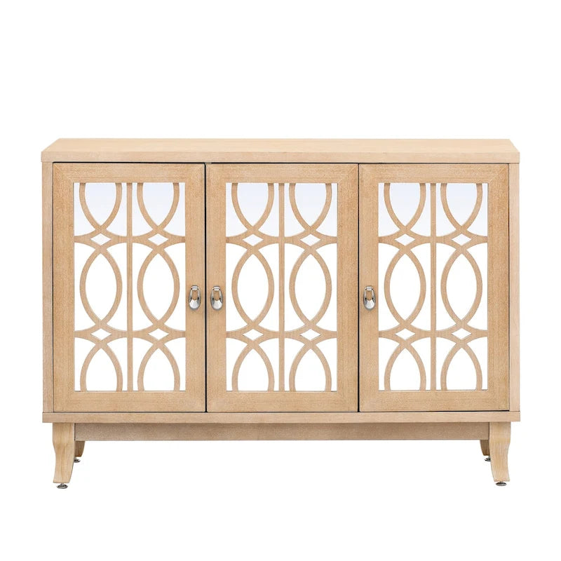 3 Door Mirrored Buffet Cabinet with Silver Handle - N/A