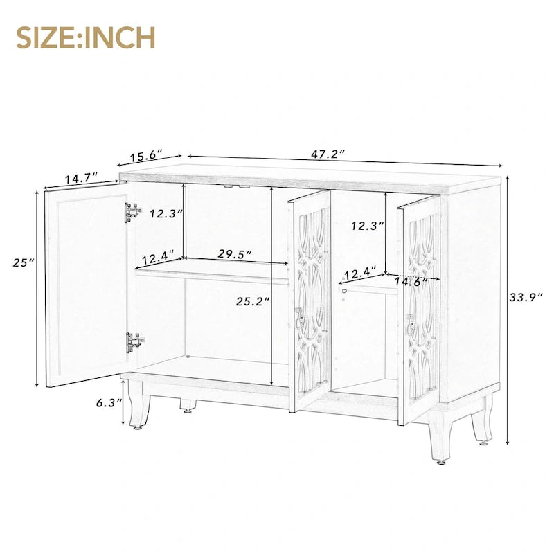 3 Door Mirrored Buffet Cabinet with Silver Handle - N/A