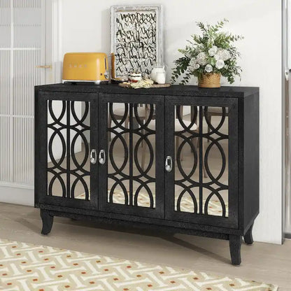 3 Door Mirrored Buffet Cabinet with Silver Handle - N/A