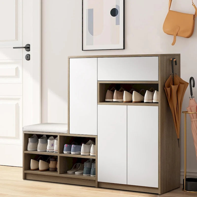 Vintage Minimalist Wooden Shoe Storage Cabinet with Integrated Bench