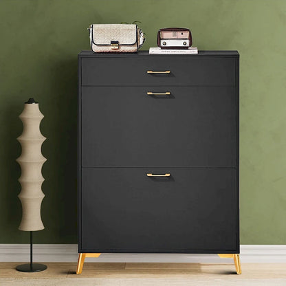 Modern Stylish Wooden Shoe Storage Cabinet with Gold Metal Handles and Legs