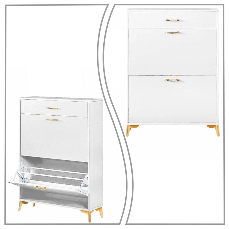 Modern Stylish Wooden Shoe Storage Cabinet with Gold Metal Handles and Legs
