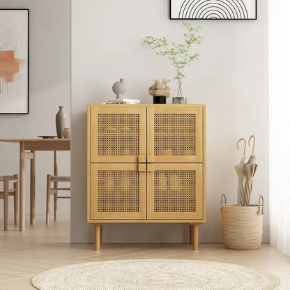 4-Doors Rattan Mesh Storage Cabinet, Sideboard with Eight Storage Spaces