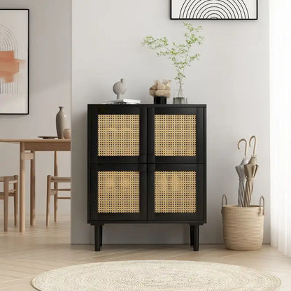 4-Doors Rattan Mesh Storage Cabinet, Sideboard with Eight Storage Spaces