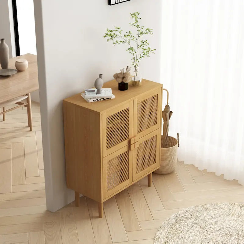 4-Doors Rattan Mesh Storage Cabinet, Sideboard with Eight Storage Spaces