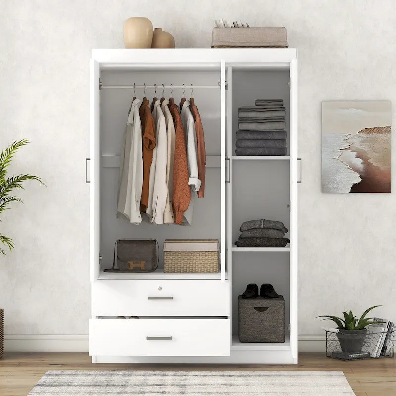 3-Door Wood Wardrobe with Drawers - N/A
