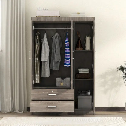 3-Door Wood Wardrobe with Drawers - N/A