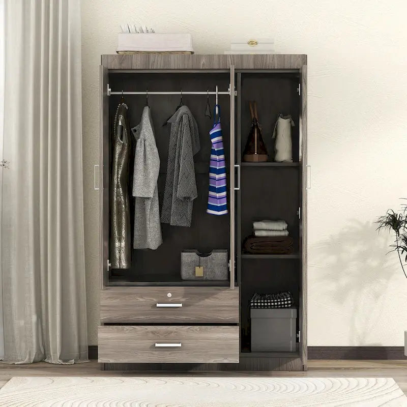 3-Door Wood Wardrobe with Drawers - N/A
