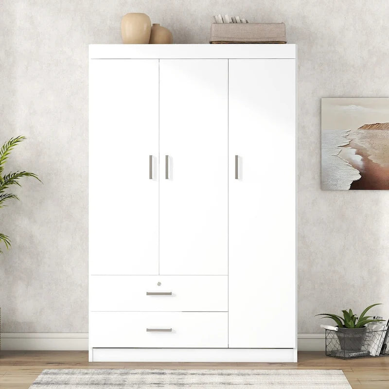 3-Door Wood Wardrobe with Drawers - N/A