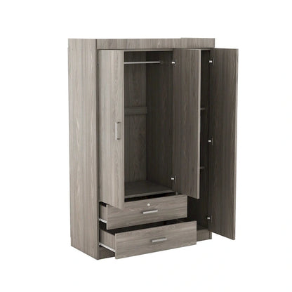 3-Door Wood Wardrobe with Drawers - N/A