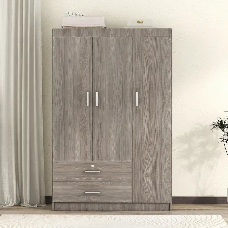 3-Door Wood Wardrobe with Drawers - N/A
