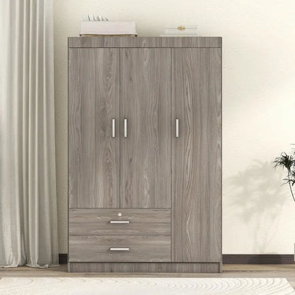 3-Door Wood Wardrobe with Drawers - N/A