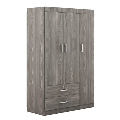 3-Door Wood Wardrobe with Drawers - N/A