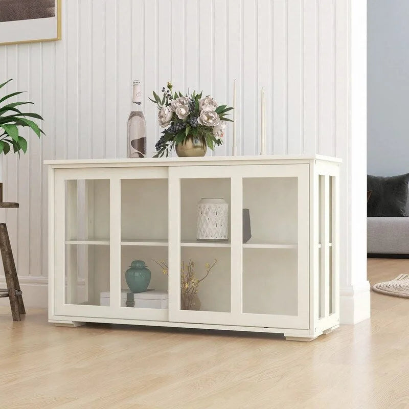 Kitchen Storage Stand Cupboard With Glass Door-White - N/A