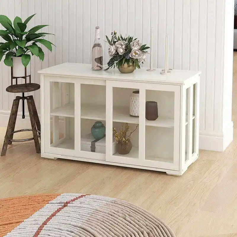 Kitchen Storage Stand Cupboard With Glass Door-White - N/A