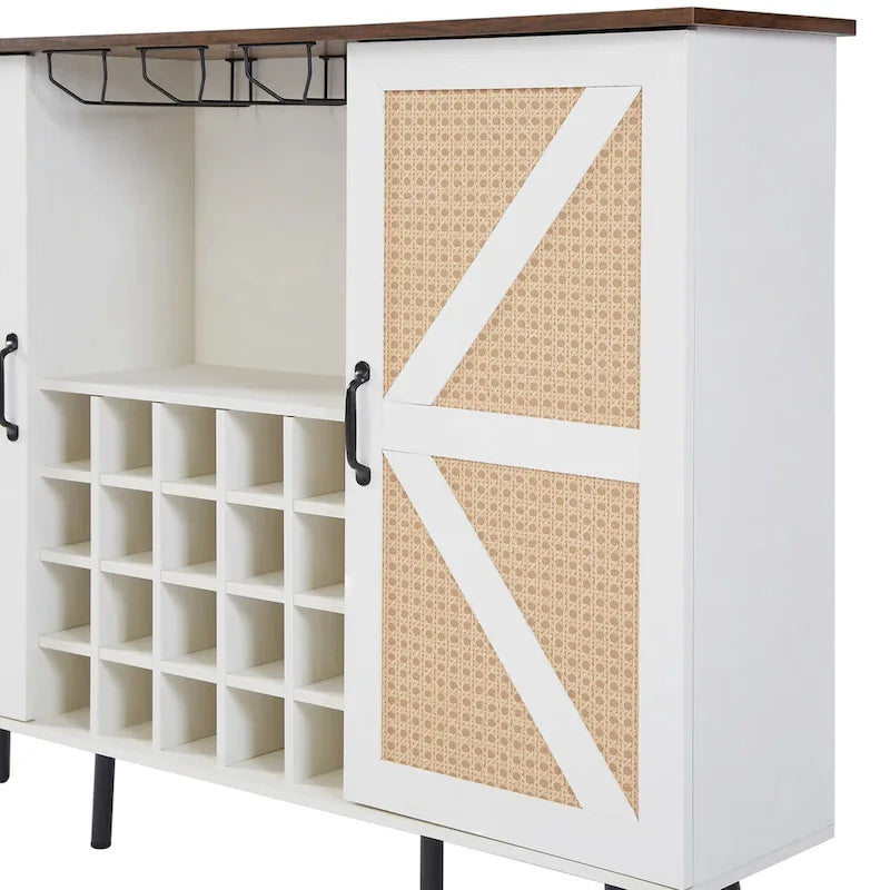 Rustic Wood Storage Cabinet with Wine Rack and Wine Glass Rack